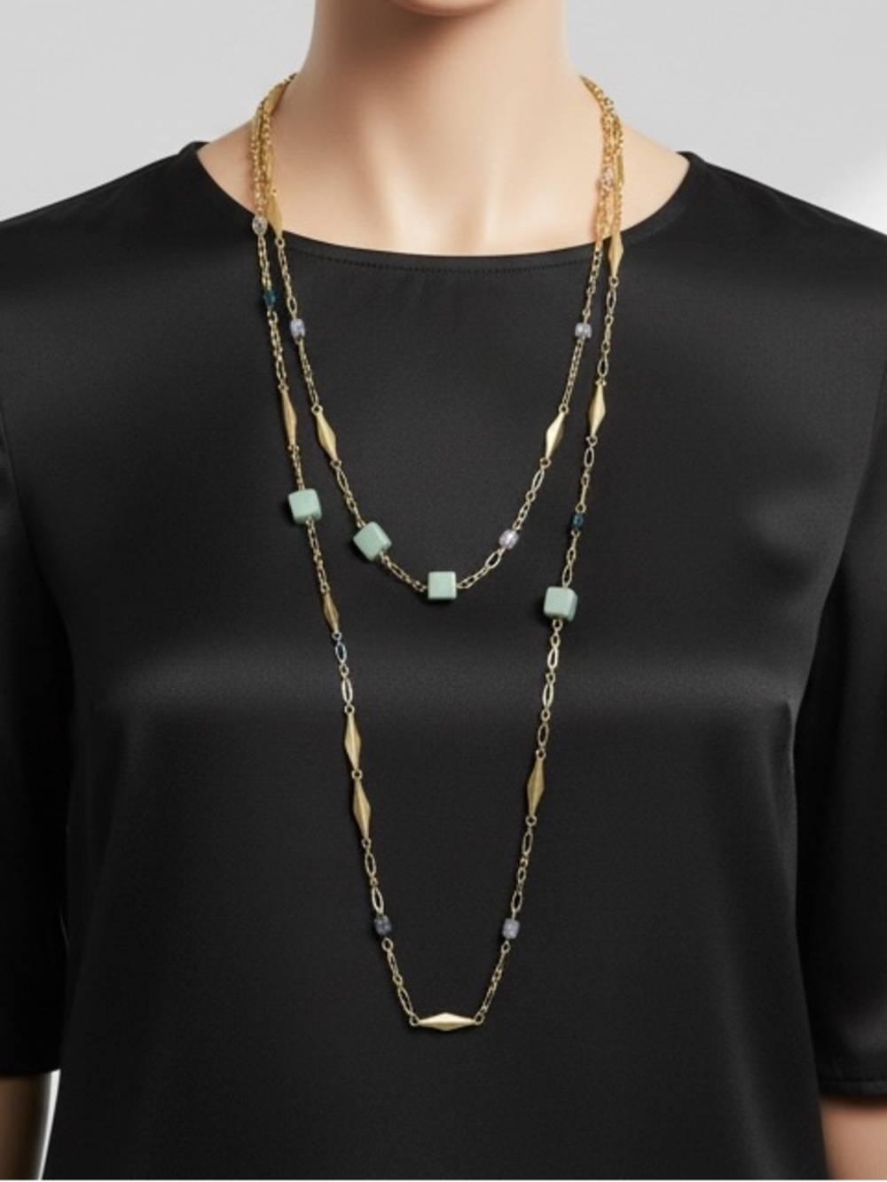 LOFT Gold 54” Necklace with Mint and Blue Beads